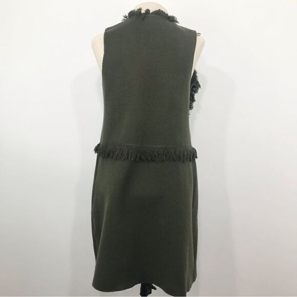 Sisters Olive Green Felted Knit Fringed Open Front Tunic Cardigan Vest - Picture 6 of 16